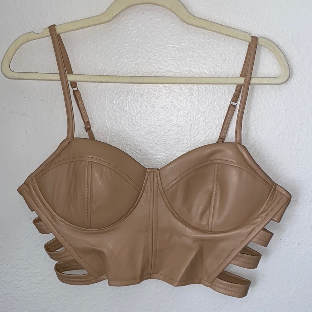 Large Sexy nude beige side cut out pleather dominatrix corset Bustiers crop top